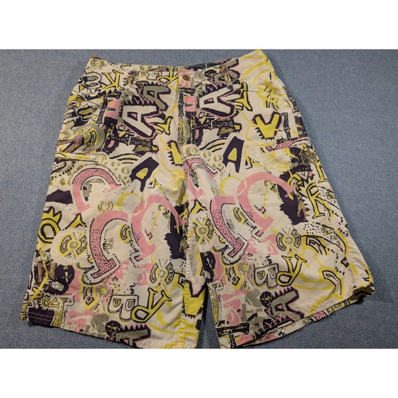 Reef Other - Reef Mens Board Shorts Graffiti Print Yellow Pink Navy Surf Swim Trunks 11.5in